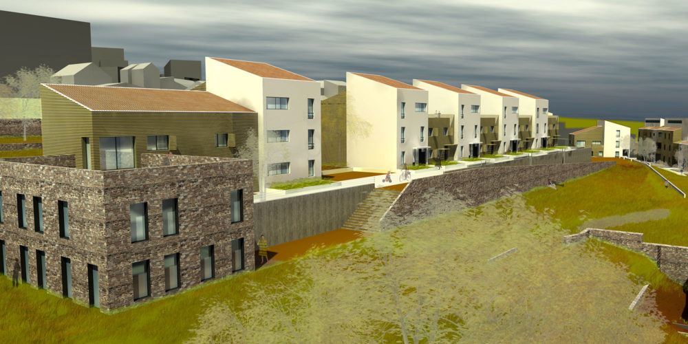Image de perspective - vue d'ensemble - du du projet de logements neufs sur saint-etienne, Chantespoir : maitrise d'oeuvre Scodellari architecte