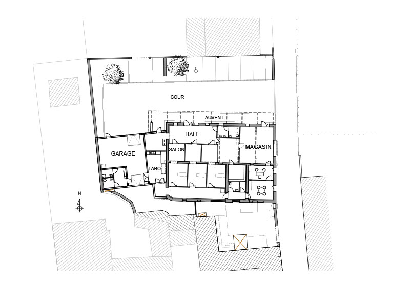 Plan rdc de la réhabilitation de la maison funéraire de Marcigny Saône et Loire, projet de Pierre Scodellari architecte DPLG Lyon - Rhône-Alpes Auvergne