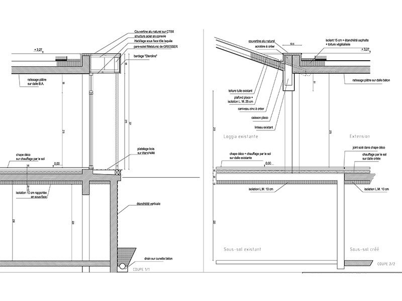 Plans pour l'extension d'une maison individuelle à Saint Paul en Jarez dans la Loire. Architecte : Pierre Scodellari, architecte DPLD Loire - Atelier sc-a architecte Lyon et région Rhône-Alpes