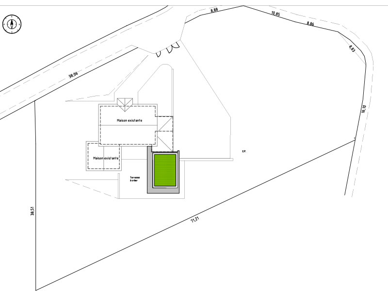 Plan masse pour l'extension d'une maison individuelle à Saint Paul en Jarez dans la Loire. Architecte : Pierre Scodellari, architecte DPLD Loire - Atelier sc-a architecte Lyon et région Rhône-Alpes