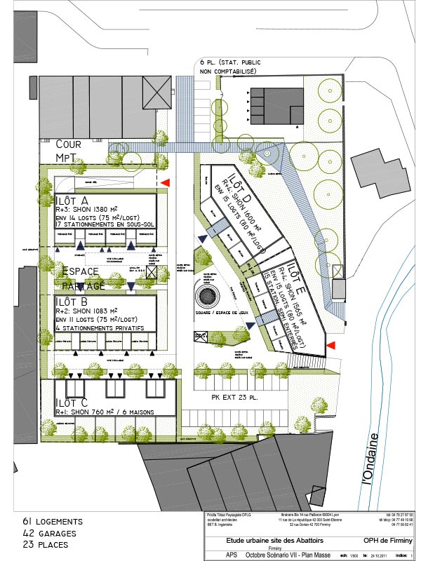 Plan dans l'étude du projet des anciens abattoirs de Firminy : étude urbaine pour l'implantation de 60 nouveaux logements. Étude urbaine menée par Pierre Scodellari, architecte