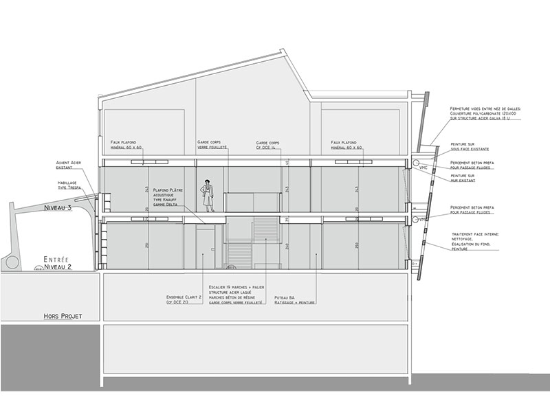 Plan coupe transversale de la maison de l'emploi de Saint-Fons, projet de création de Pierre Scodellari, architecte DPLG Loire - Rhône-Alpes Auvergne