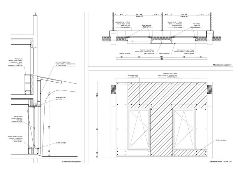 Plan de la facade est de la maison de l'emploi de Saint-Fons, projet de création de Pierre Scodellari, architecte DPLG Loire - Rhône-Alpes Auvergne