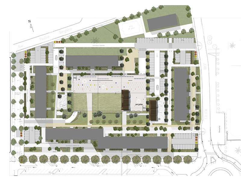 Plan d'implantation pour un projet de conception d'une pergolas urbaine dans le cadre de la résidentialisation du quartier Sierroz Franklin à Aix-les-Bains. Pierre Scodellari - Atelier sc-a - architecte et conception objets urbains