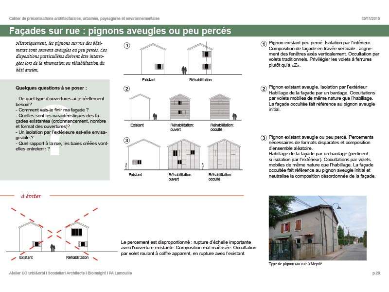 Coupe des façades dans le cadre de la rédaction d'un cahier de préconisation architecturales, urbaines, paysagères et environnementales pour la commune par Pierre Scodellari, architecte DPLG