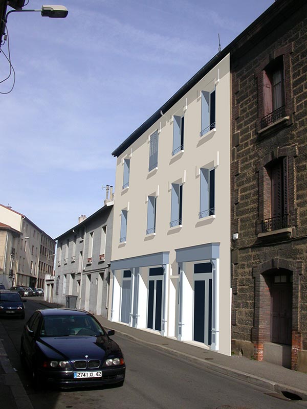 Photo de la façade pour la réhabilitation d'un immeuble de logements à Saint-Etienne, rue Neyron. Architecte : Pierre Scodellari, architecte DGPL Loire et région, architecte Lyon et région