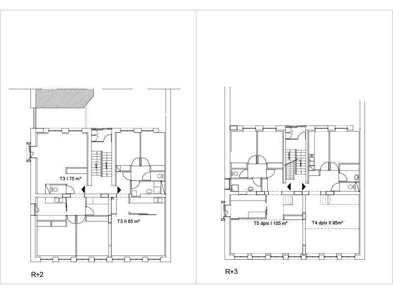 Plans du projet de réhabilitation d'un projet de réhabilitation d'un immeuble de logements collectifs Rue Pyat à Saint Etienne. Architecte : Pierre Scodellari - Atelier sc-a - architecte Loire, architecte Lyon et région, architecte DPLG