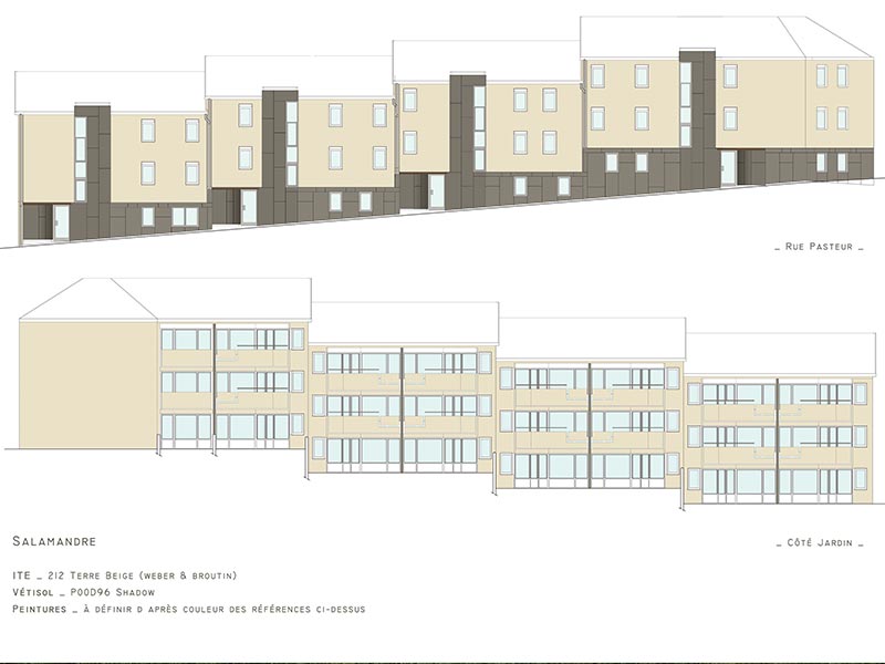 Plan cote rue et cote jardin du groupe Salamandre à La Ricamarie dans la Loire : projet de rénovation énergétique, architecturale et paysagère pour cet ensemble de logements. Projet de Pierre Scodellari, architecte Loire - Atelier Sc-a, architecte Lyon et région