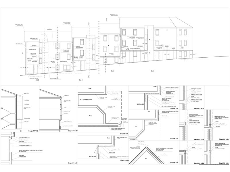 Plan des façades du groupe Salamandre à La Ricamarie dans la Loire : projet de rénovation énergétique, architecturale et paysagère pour cet ensemble de logements. Projet de Pierre Scodellari, architecte Loire - Atelier Sc-a, architecte Lyon et région