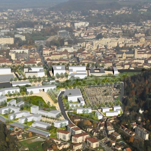 Photo aérienne du quartier de la gare à Bourgoin-Jallieu dans le cadre d'un appel à idées pour le projet Urbagare, étude urbaine de réaménagement du quartier. Pierre Scodellari architecte