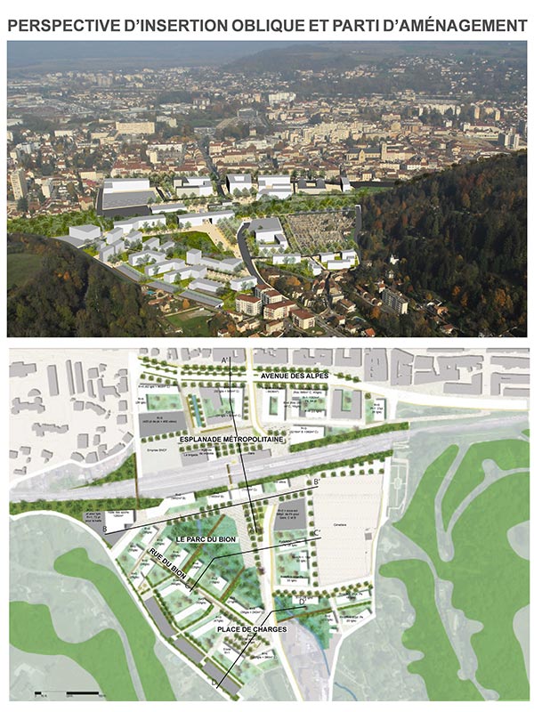 Emplacement du projet du quartier de la gare à Bourgoin-Jallieu dans le cadre d'un appel à idées pour le projet Urbagare, étude urbaine de réaménagement du quartier. Pierre Scodellari architecte