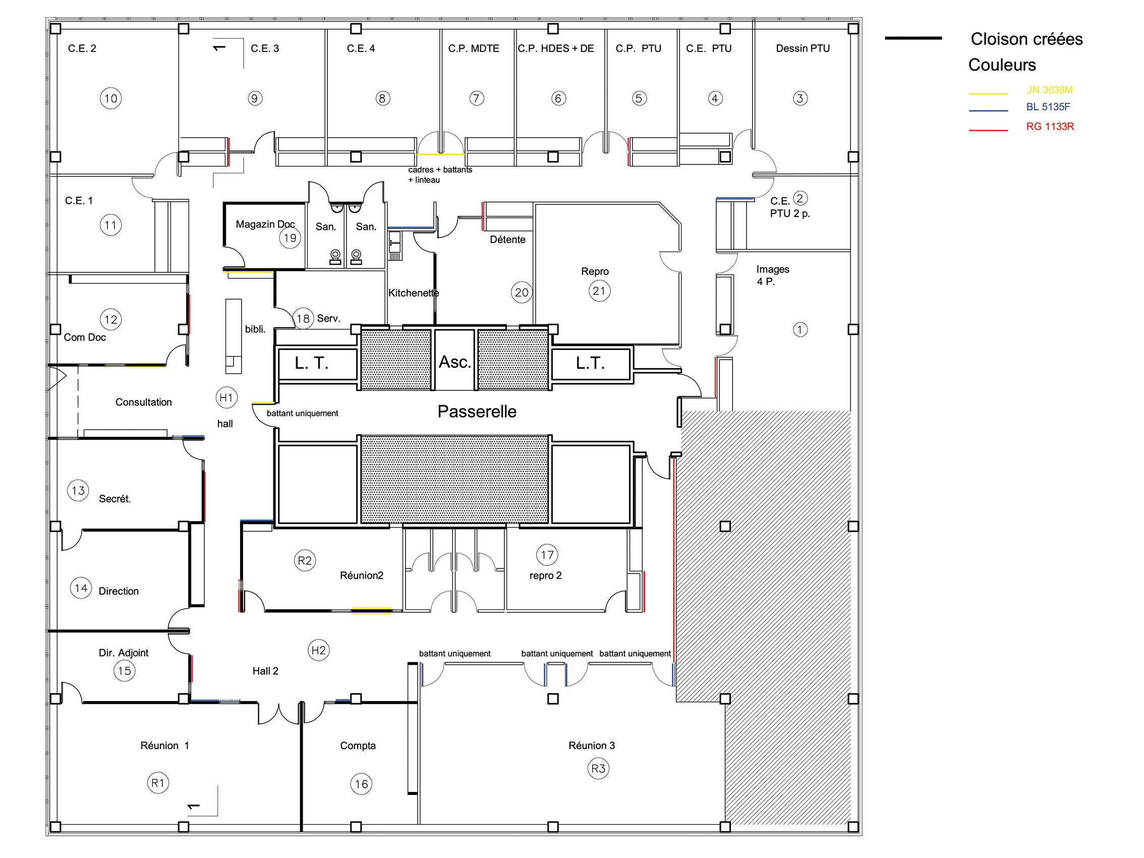 Plan du projet de création de mobilier pour l'agence d'ubanisme Epures de Saint-Etienne, par Pierre Scodellari, architecte Saint-Etienne et région