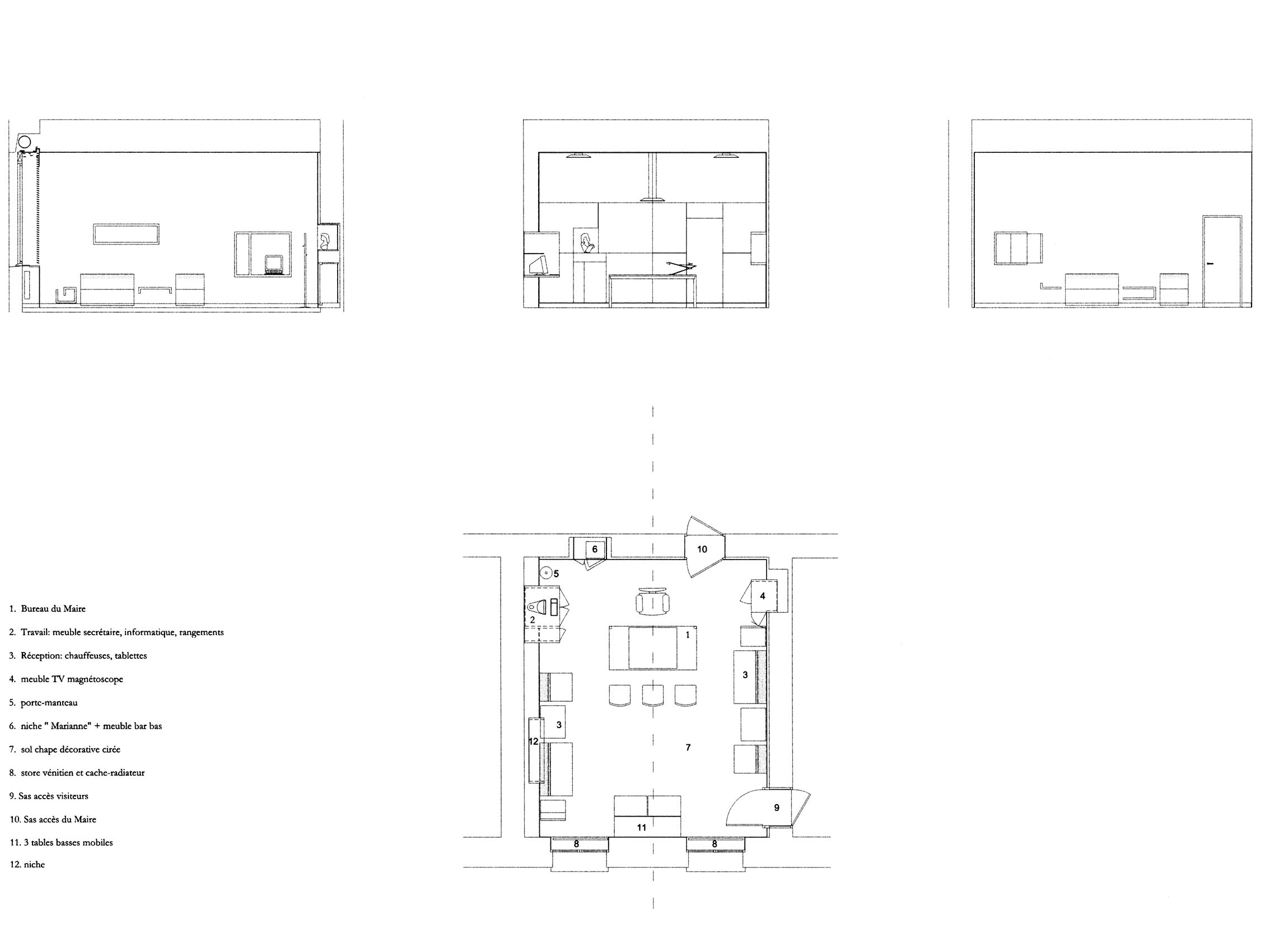 Plan du nouveau bureau du maire de Rive de Gier, après réaménagement par Pierre Scodellari, architecte DPLG et création de mobilier